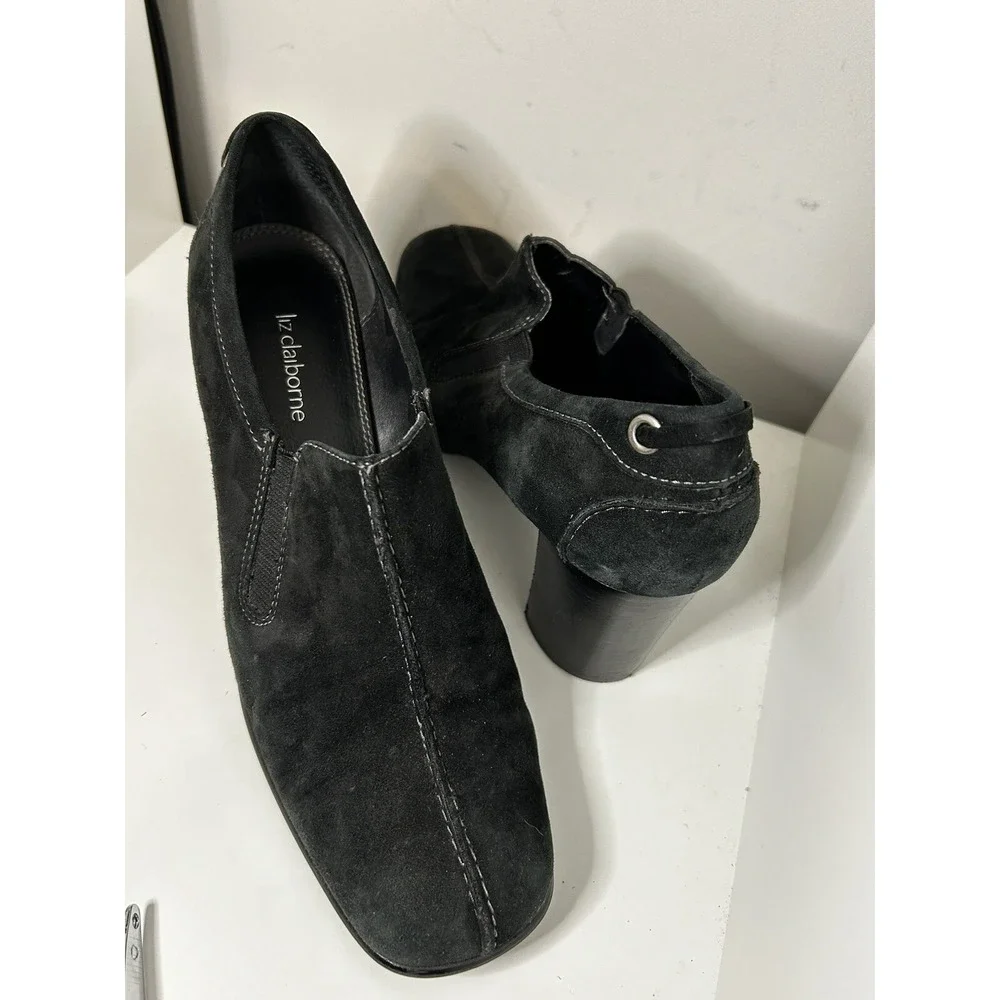 Liz Claiborne Boots‎ Womens 8 1/2 Anandale Low Ankle Bootie Black Suede Heels - Picture 2 of 7